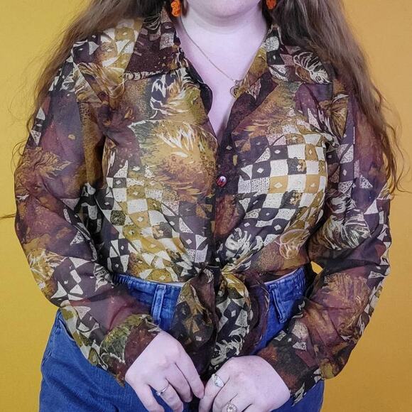 Vintage Brown Mesh Patterned Blouse, L - Picture 2 of 4